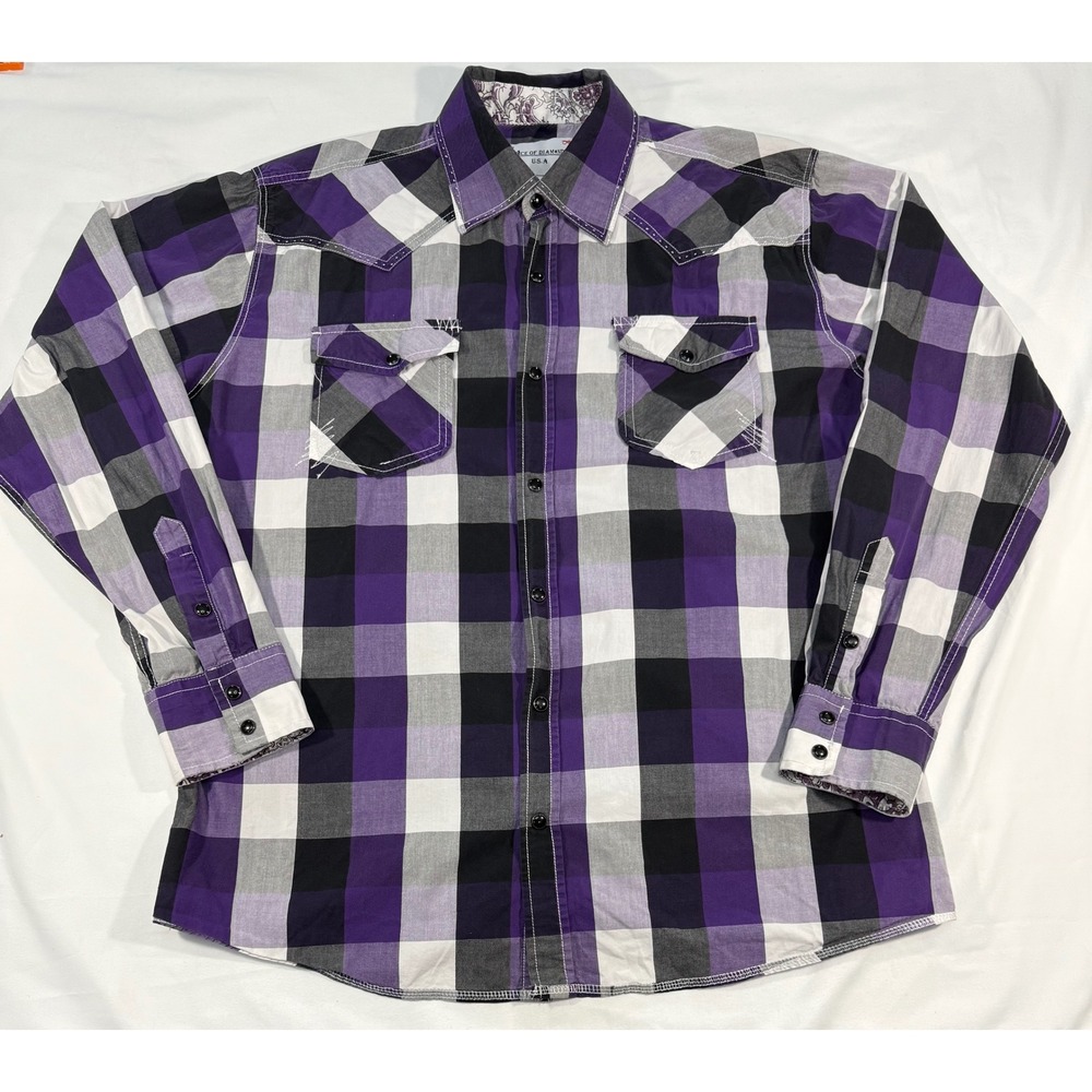 Ace of Diamond USA Mens Large Purple Black Plaid Western Button Down Shirt